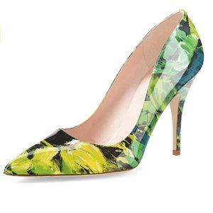 YDN Green Floral Chic Pointed Toe Slip on Stilettos Heel Pumps Shoes for Party